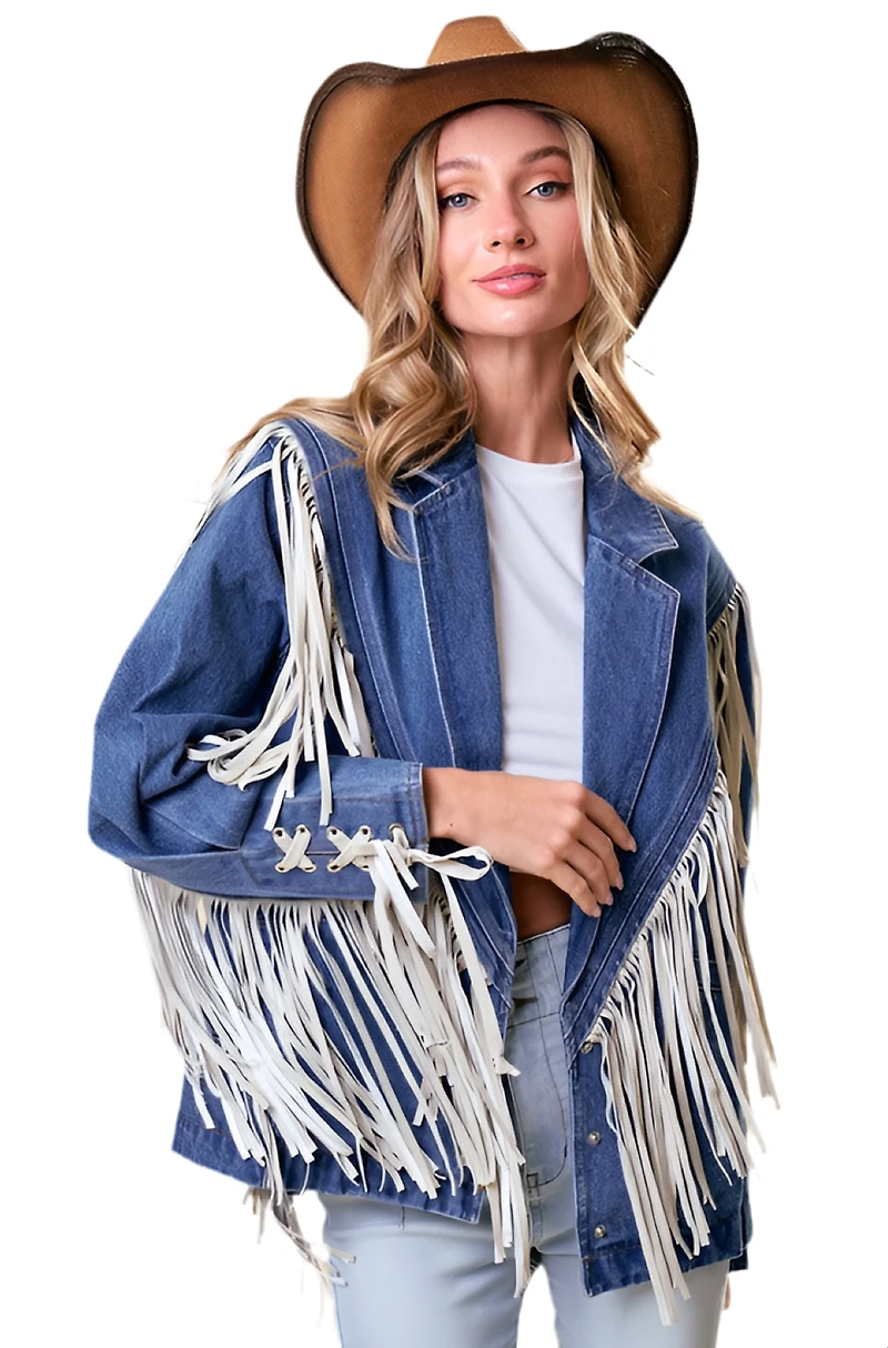 SAINTS AND HEARTS: FRINGE DENIM BLAZER JACKET