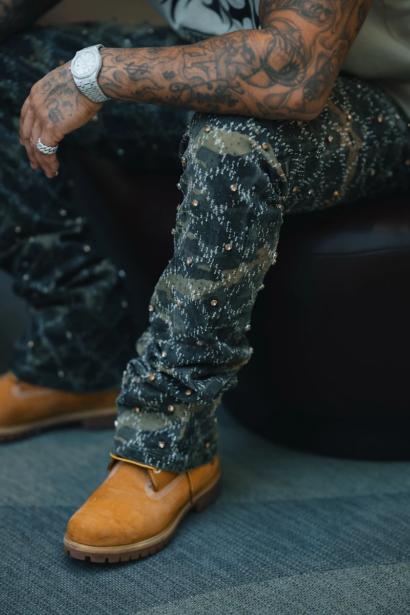 VICIOUS DENIM: EMBELLISHED FLARE CAMO JEANS