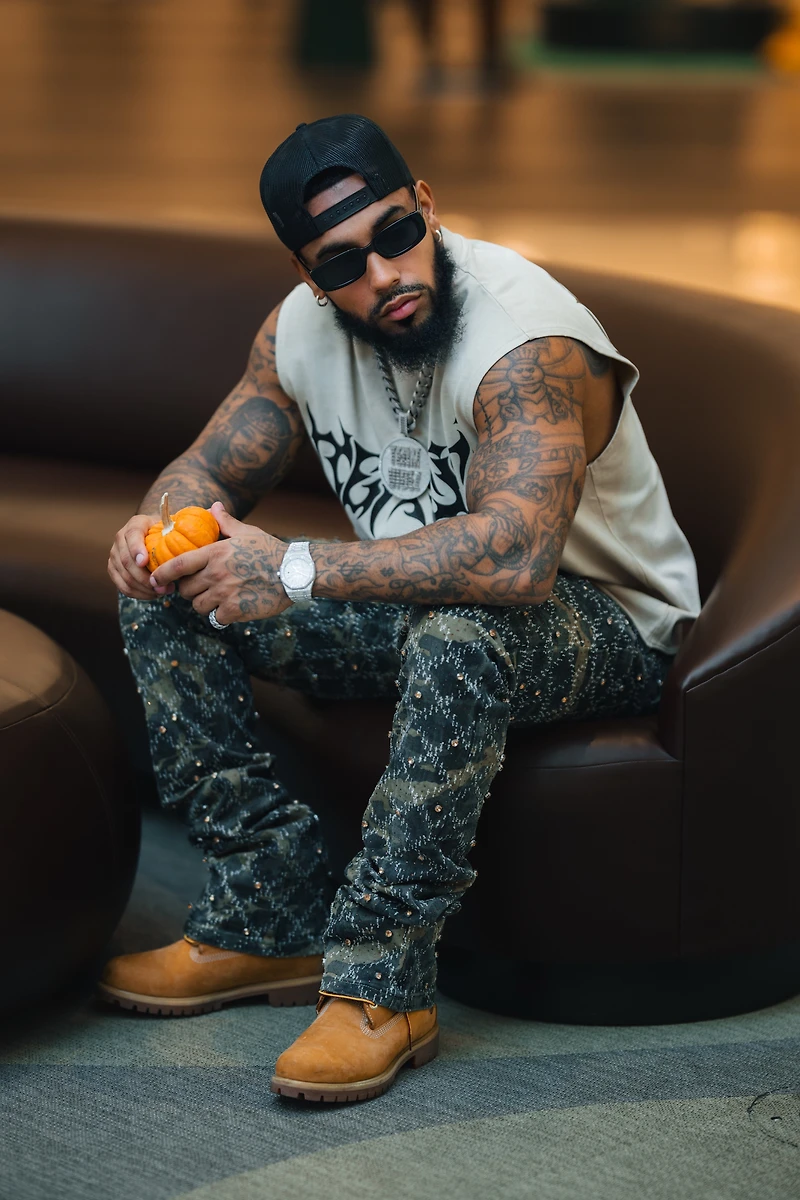 VICIOUS DENIM: EMBELLISHED FLARE CAMO JEANS