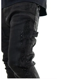VICIOUS DENIM: WAX  COATED BLACK STUDDED JEANS