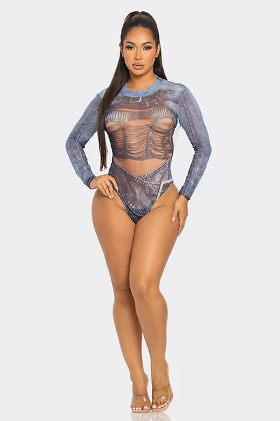 BOHO: SHEER FAUX DENIM BODYSUIT
