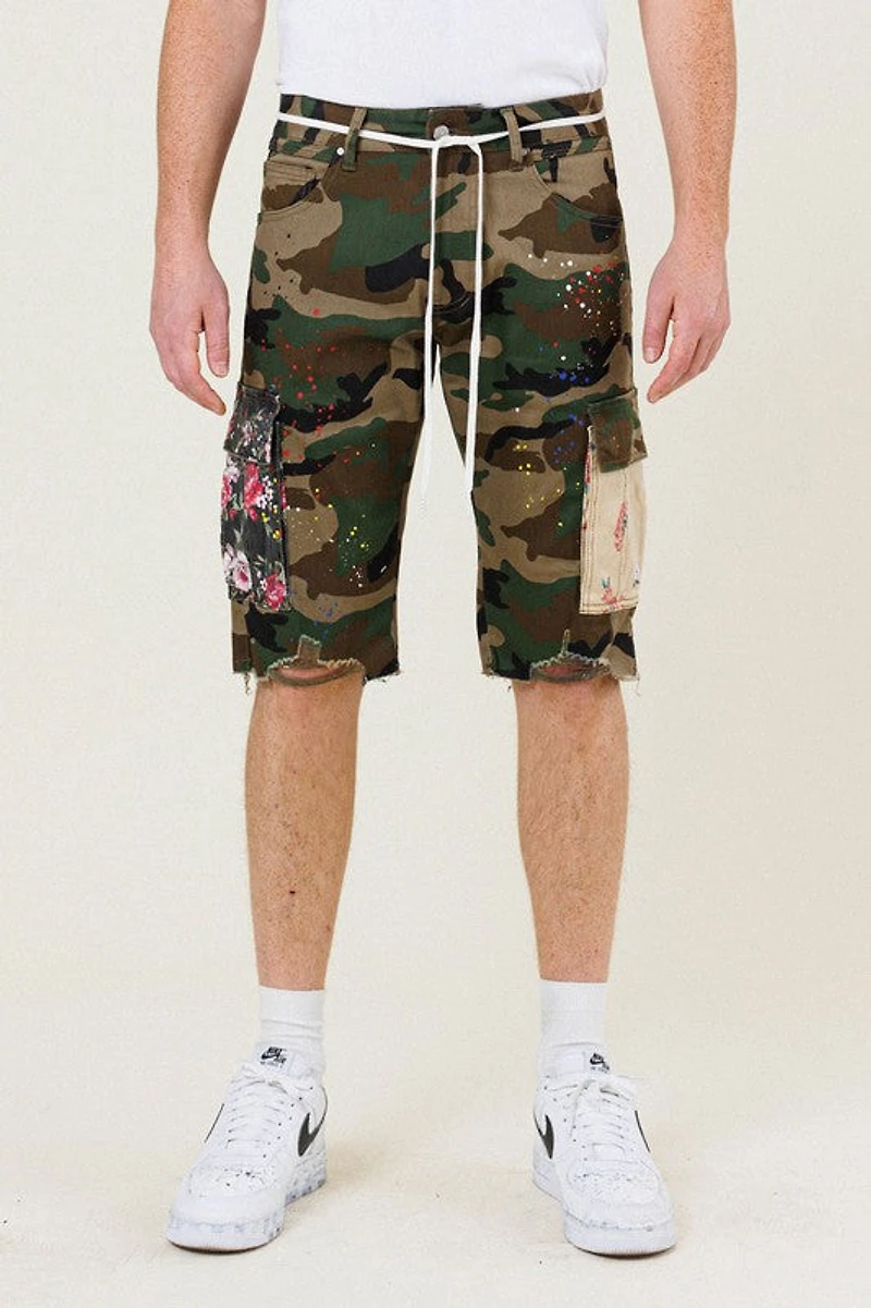 FIRST ROW: CAMO FLOWER PATCH CARGO SHORTS