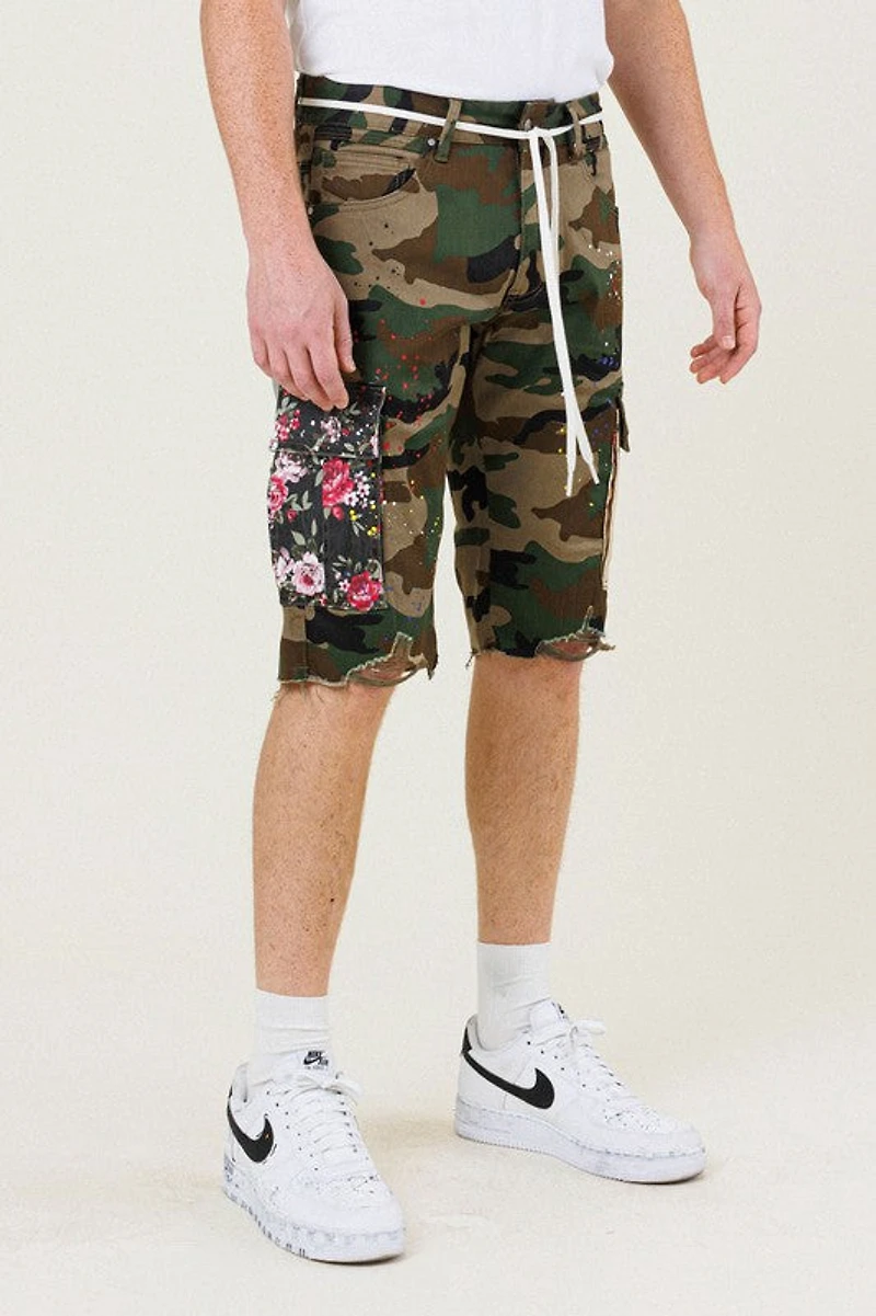 FIRST ROW: CAMO FLOWER PATCH CARGO SHORTS