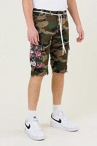 FIRST ROW: CAMO FLOWER PATCH CARGO SHORTS