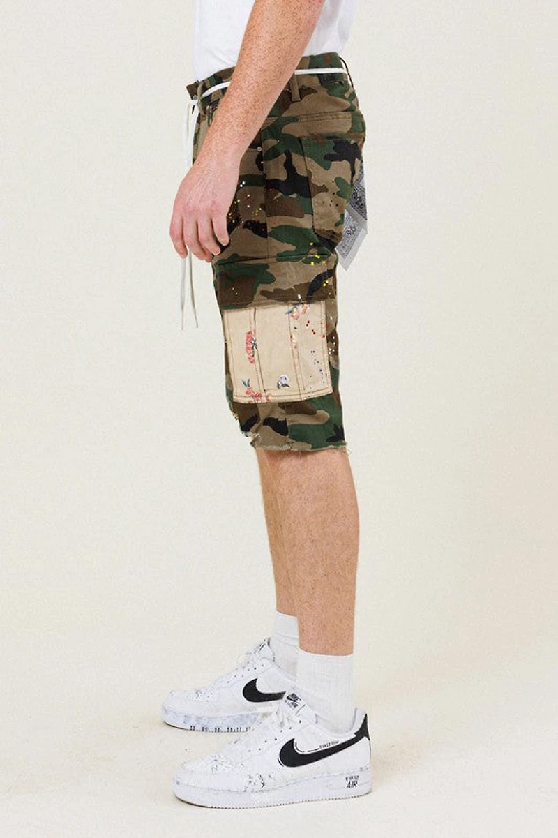 FIRST ROW: CAMO FLOWER PATCH CARGO SHORTS