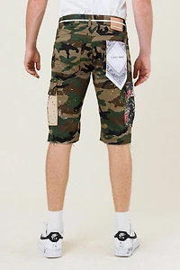 FIRST ROW: CAMO FLOWER PATCH CARGO SHORTS