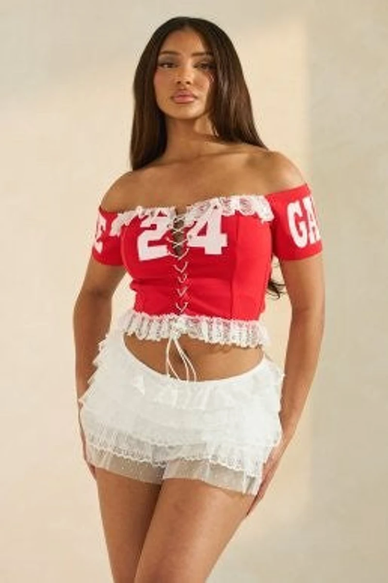 8586: GAME DAY OFF SHOULDER TOP
