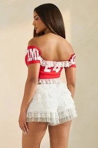 8586: GAME DAY OFF SHOULDER TOP