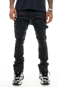 VICIOUS DENIM: WAX  COATED BLACK STUDDED JEANS