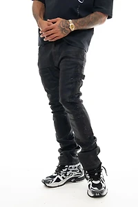 VICIOUS DENIM: WAX  COATED BLACK STUDDED JEANS