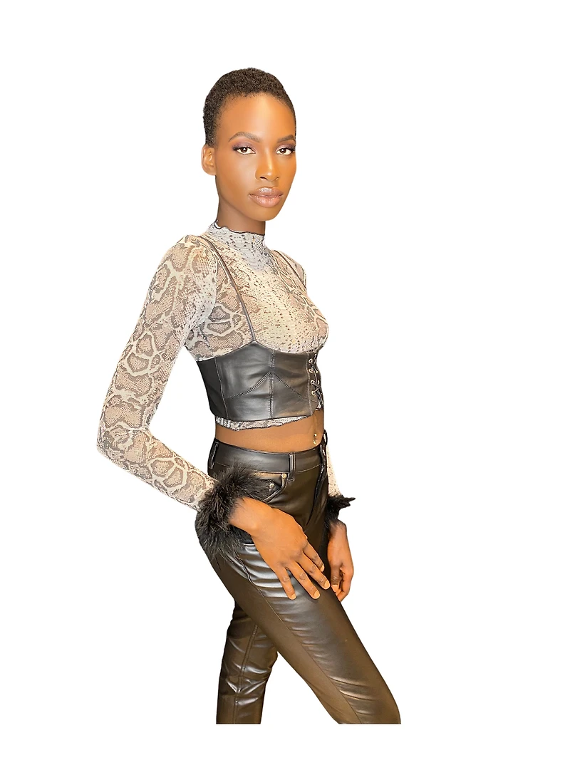 8586: ANIMAL PRINT FEATHERED CROP TOP