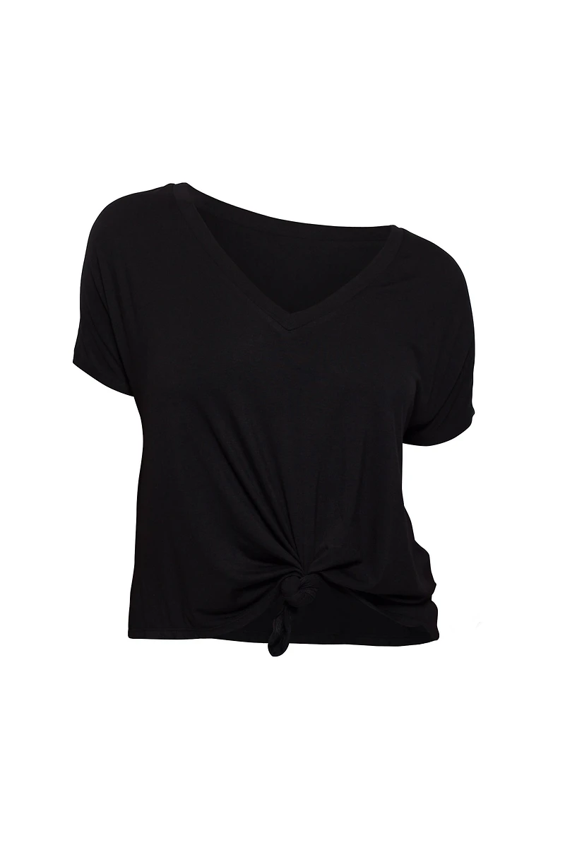 8586: V-NECK TIE KNOT CROP TOP