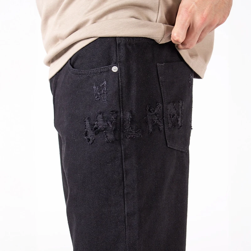 WLKN : Distressed Logo Loose Fit Denim Pants