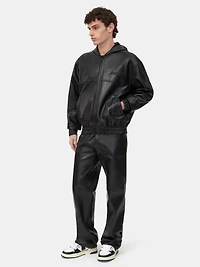 LEATHER OVERSIZED ZIP HOODIE - Black