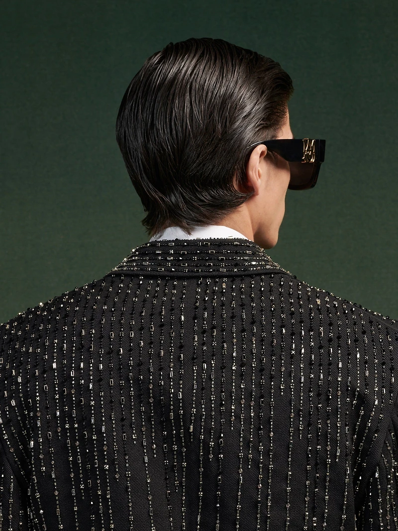 CRYSTAL STRIPE DOUBLE-BREASTED BLAZER - Black