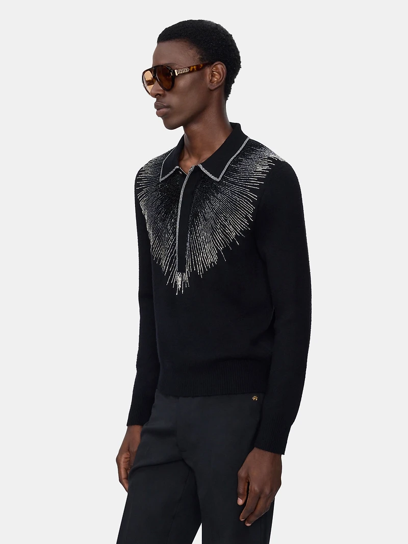 CRYSTAL LONG SLEEVE POLO - BLACK
