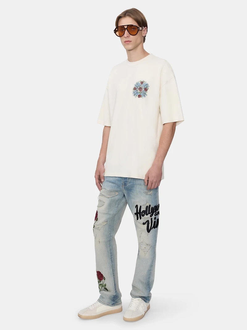 FLORAL SEQUIN REPAIRED SLIM JEAN - ANTIQUE INDIGO