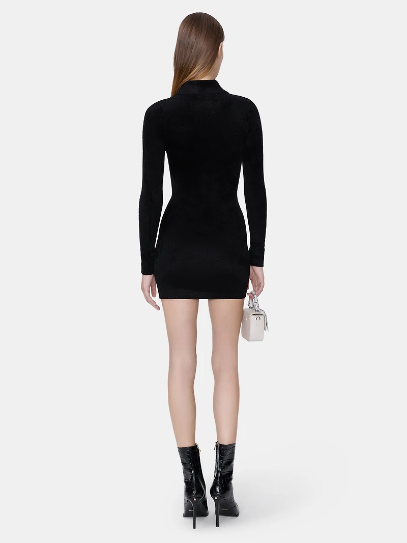 WOMEN - WOMEN'S VELVET LONG SLEEVE BUTTON DOWN DRESS BLACK