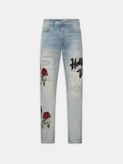 FLORAL SEQUIN REPAIRED SLIM JEAN - ANTIQUE INDIGO