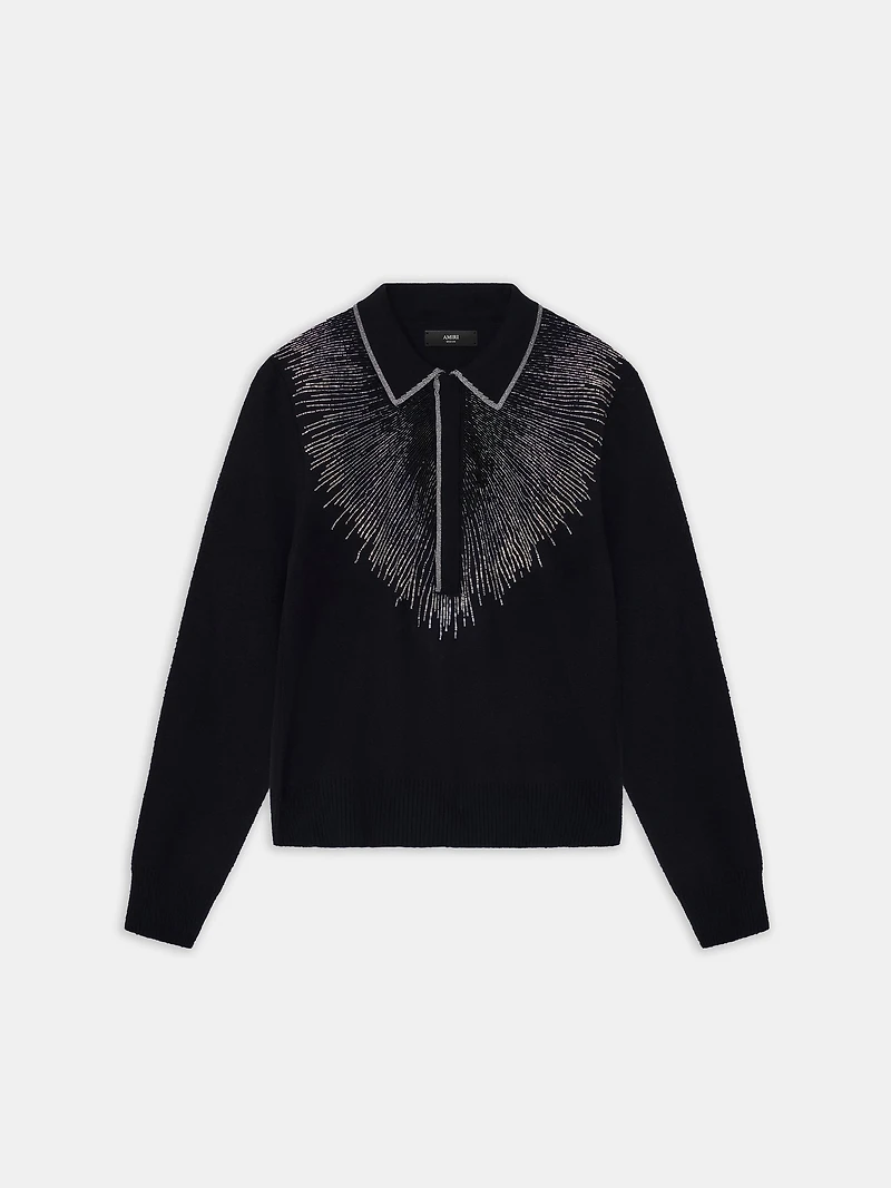 CRYSTAL LONG SLEEVE POLO - BLACK