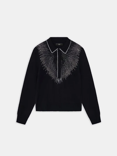 CRYSTAL LONG SLEEVE POLO - BLACK