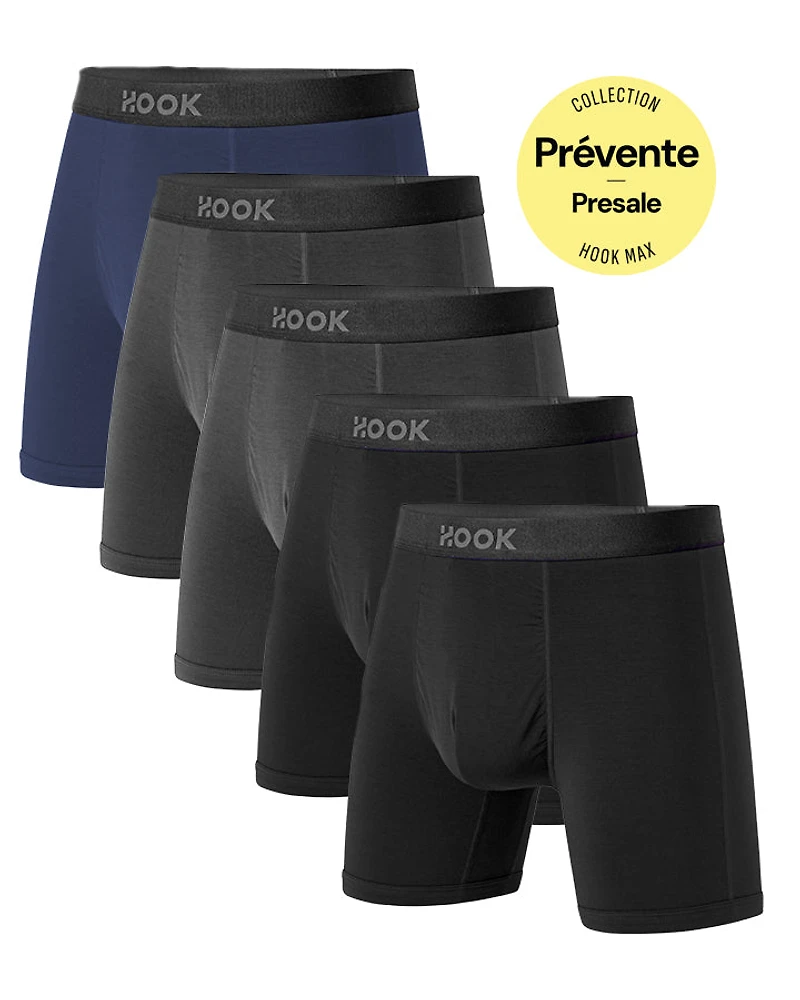Pack#13 : 5 boxers Max 1X Bleu Nautique, 2X Gris Ardoise et Noir Carbone