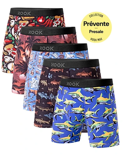 Pack #9 : 5 boxers courts Max 1x Pizza, Palmiers, Québec, Requins et Pêcheurs