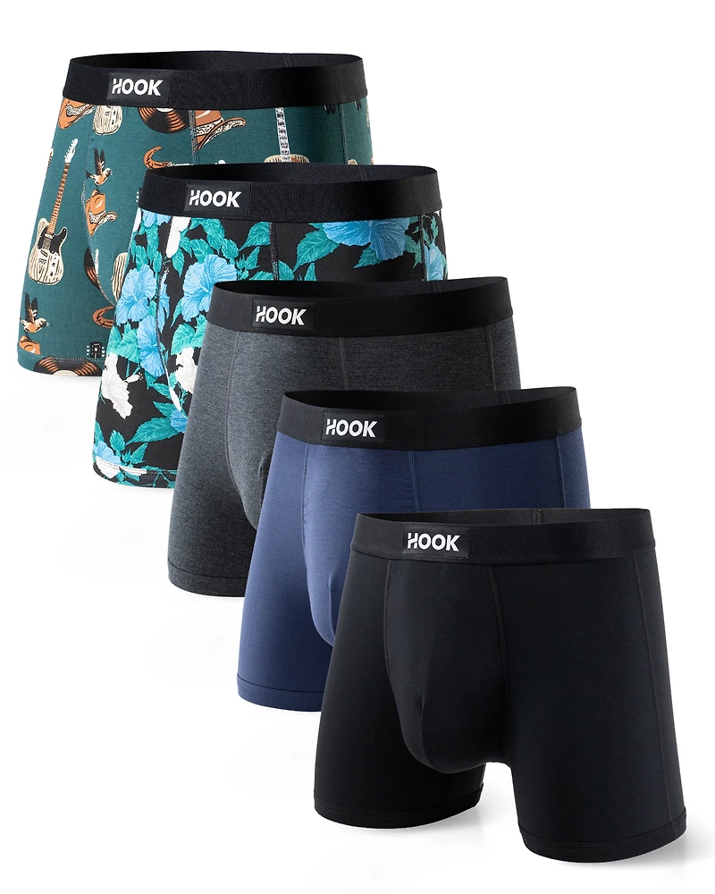 5 boxers courts Max : 1X Noir, Bleu Marin, Charcoal, Aloha et Cowboy