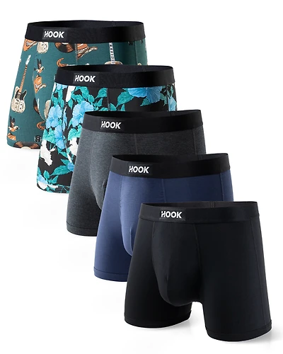 5 boxers courts Max : 1X Noir, Bleu Marin, Charcoal, Aloha et Cowboy