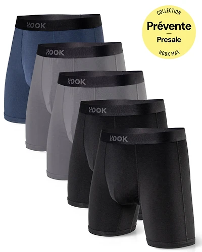 5 boxers Max Premium -6 po : 1X bleu marin, 2X charcoal et noir