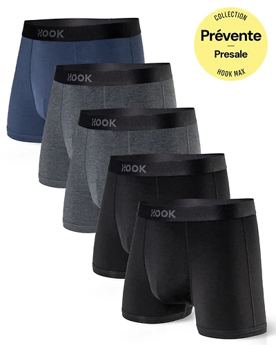 5 Max short boxers: 1X Nautical Blue, 2X Slate Grey, and Carbon Black