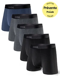5 Max short boxers: 1X Nautical Blue, 2X Slate Grey, and Carbon Black