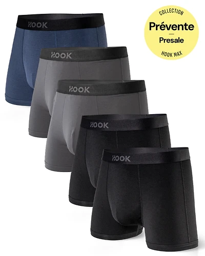 5 boxers courts Max Premium -3,5 po : 1X Bleu marin, 2X charocal et noir