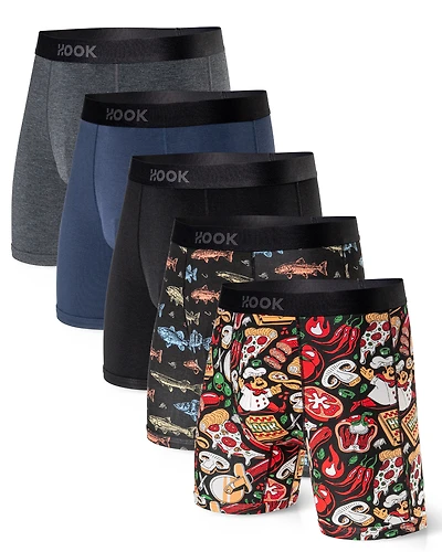 Pack#16 : 5 boxers Max 1X Pêcheurs, Pizza, Bleu Marin, Gris Ardoise et Noir Carbone