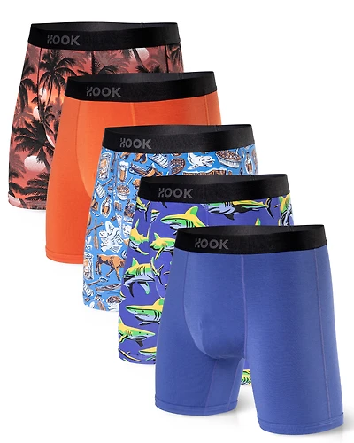 Pack#17 : 5 boxers Max 1X Palmiers, Québec, Requins, Orange et Indigo