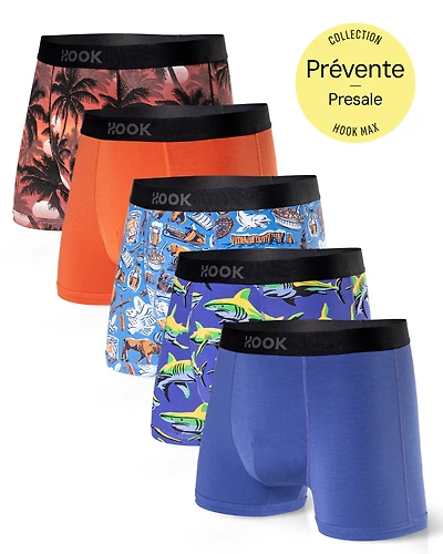 Pack#8 : 5 boxers courts Max 1X Palmiers, Québec, Requins, Orange et Indigo