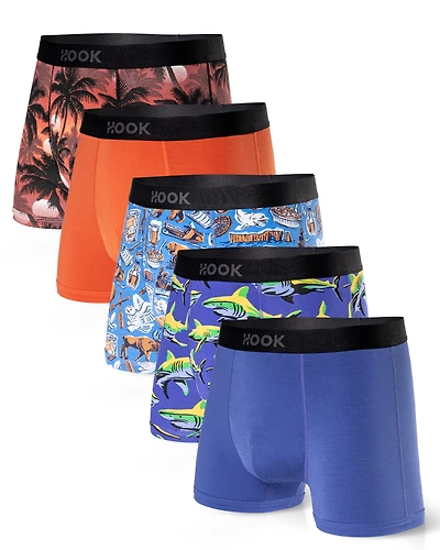 Pack#8 : 5 boxers courts Max 1X Palmiers, Québec, Requins, Orange et Indigo
