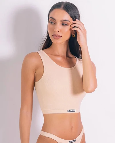 Nude high-waisted ribbed bra