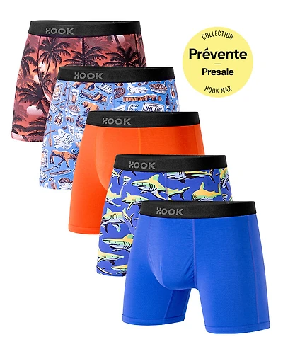 Pack#8 : 5 boxers courts Max 1X Palmiers, Québec, Requins, Orange et Indigo