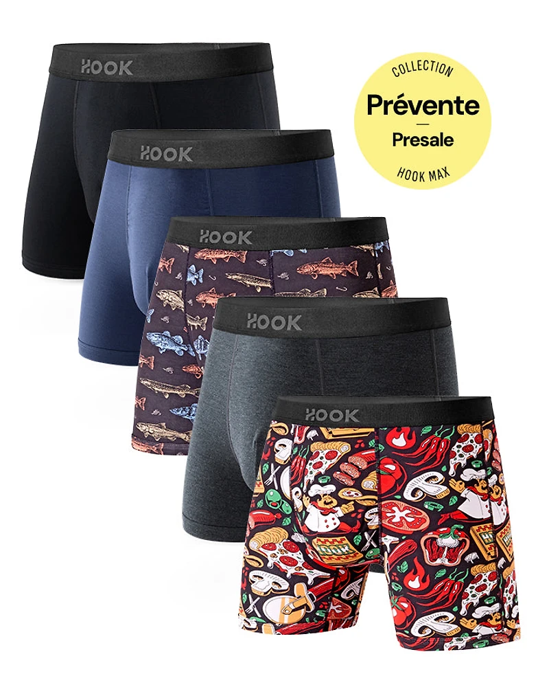 Pack#7 : 5 boxers courts Max 1X Pêcheurs, Pizza, Bleu Nautique, Gris Ardoise et Noir Carbone