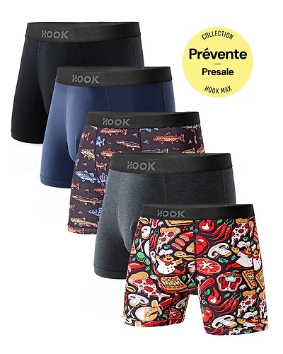 Pack#7 : 5 boxers courts Max 1X Pêcheurs, Pizza, Bleu Nautique, Gris Ardoise et Noir Carbone