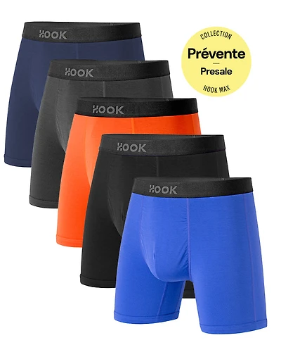 Pack#14 : 5 boxers Max 1X Bleu Nautique, Gris Ardoise et Noir Carbone, Orange Indigo