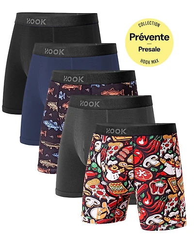 Pack#16 : 5 boxers Max 1X Pêcheurs, Pizza, Bleu Marin, Gris Ardoise et Noir Carbone