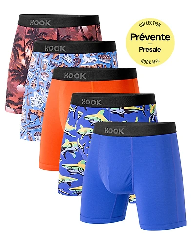 Pack#17 : 5 boxers Max 1X Palmiers, Québec, Requins, Orange et Indigo