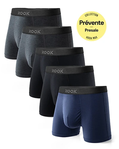 Pack#6 : 5 boxers courts Max 1X Bleu Nautique, 2X Gris Ardoise et Noir Carbone