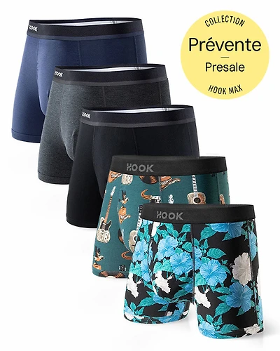 5 boxers courts Max+ 1X Noir, Bleu marin, Charcoal, Cowboy et Floral