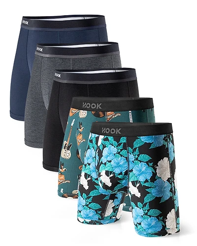 5 Max+ boxers: 1x Black, Navy Blue, Charcoal, Cowboy, Aloha