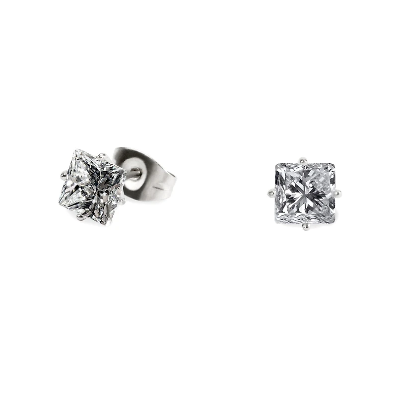 Boucles oreilles cz carré 6 mm acier inox