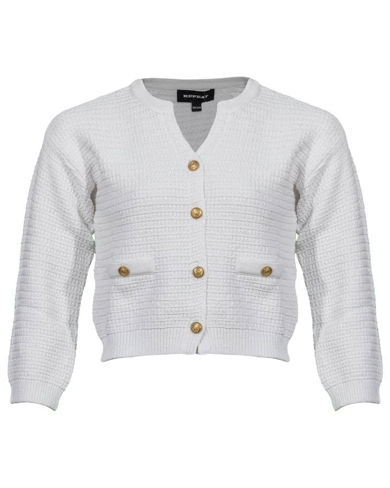 Repeat  Cotton Textured V-Neck Cardigan