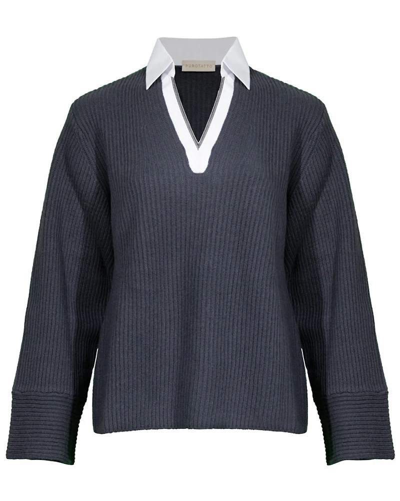 Purotatto V-Neck Ribbed Pullover With Faux Collar